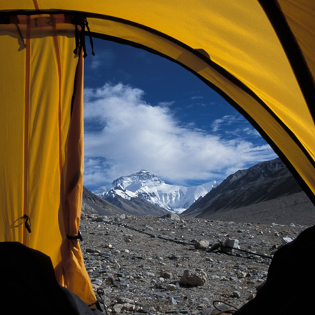 View of Mount Everest from the inside of a tent in Tibet with GeoEx.