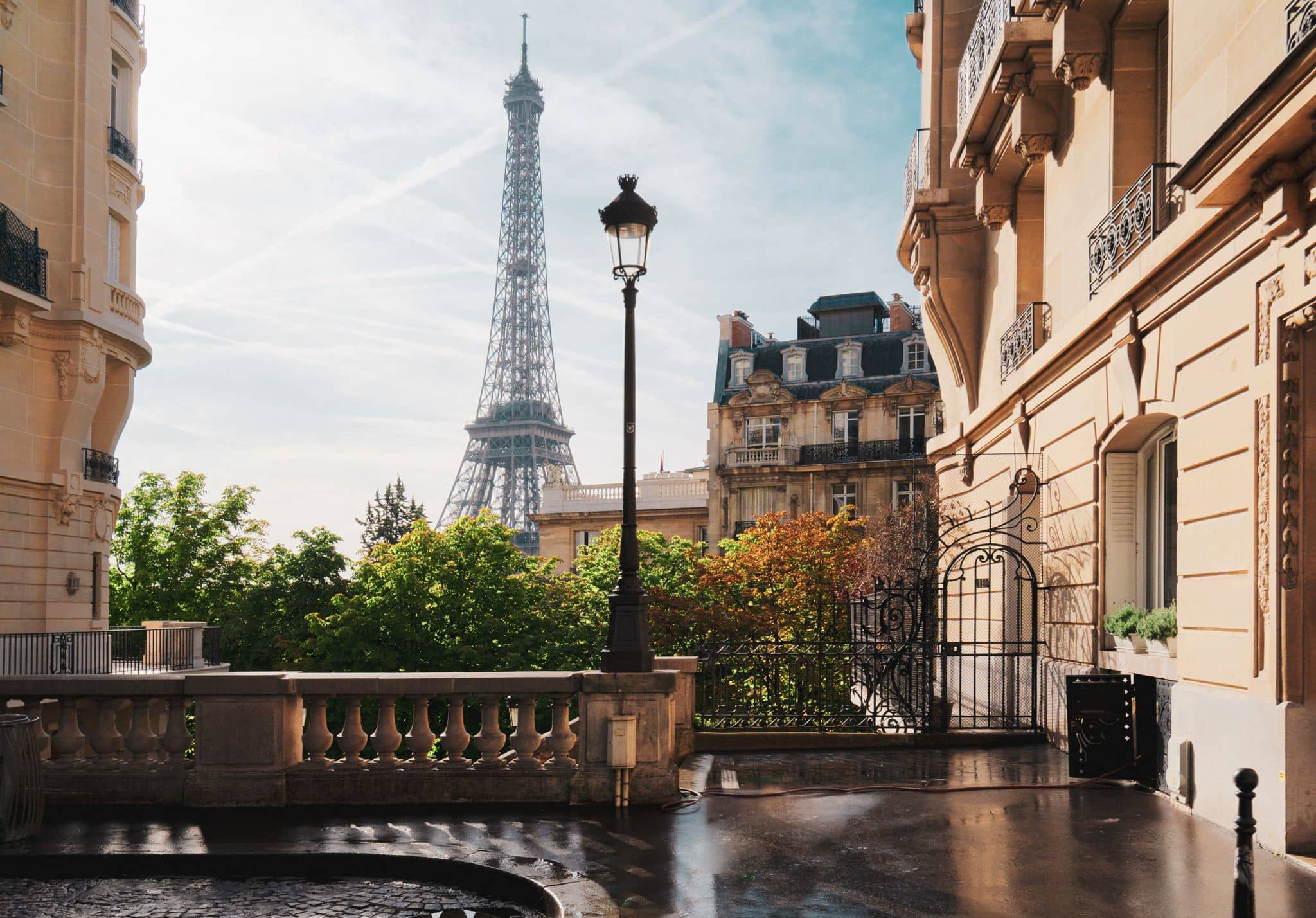 View of the Eiffel Tower, Paris, France from a local street