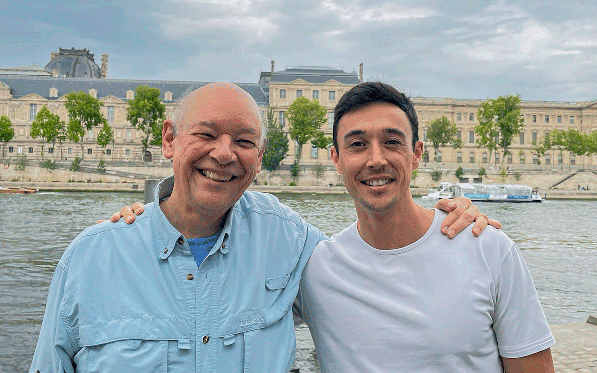 Don and son Jeremy in front of the Seine, Paris