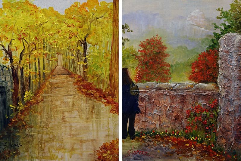 sue lorenz yellow leaves stone wall