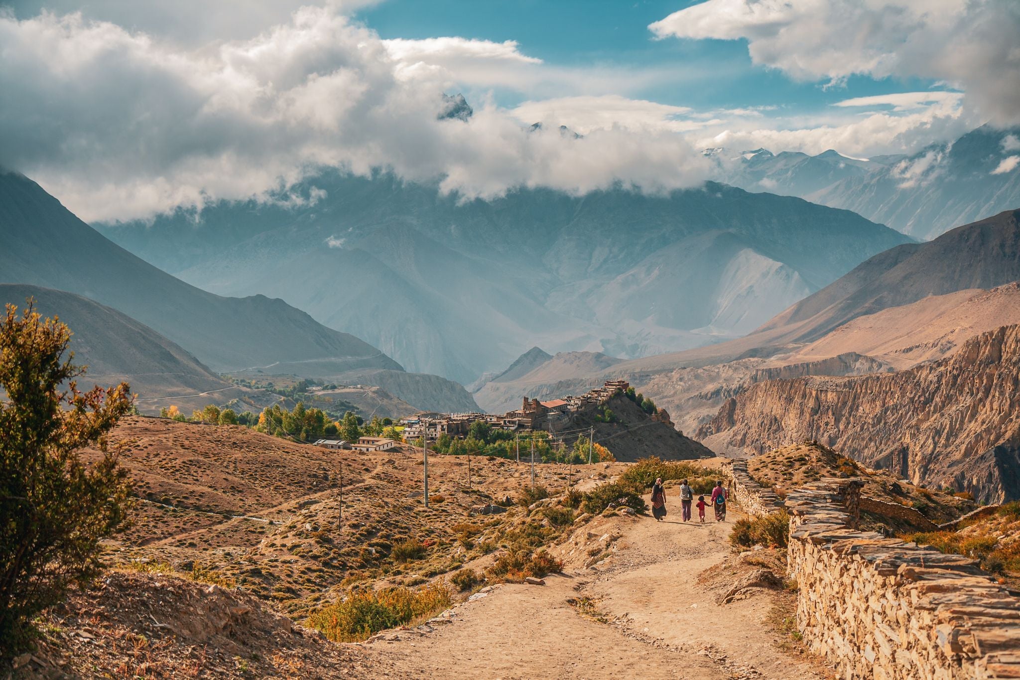 Local people on mountain path in Jharkot, Nepal