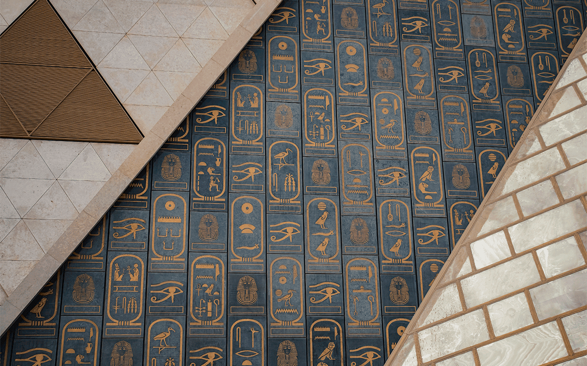 Ancient egyptian hieroglyphs on the main building of Grand Egyptian Museum