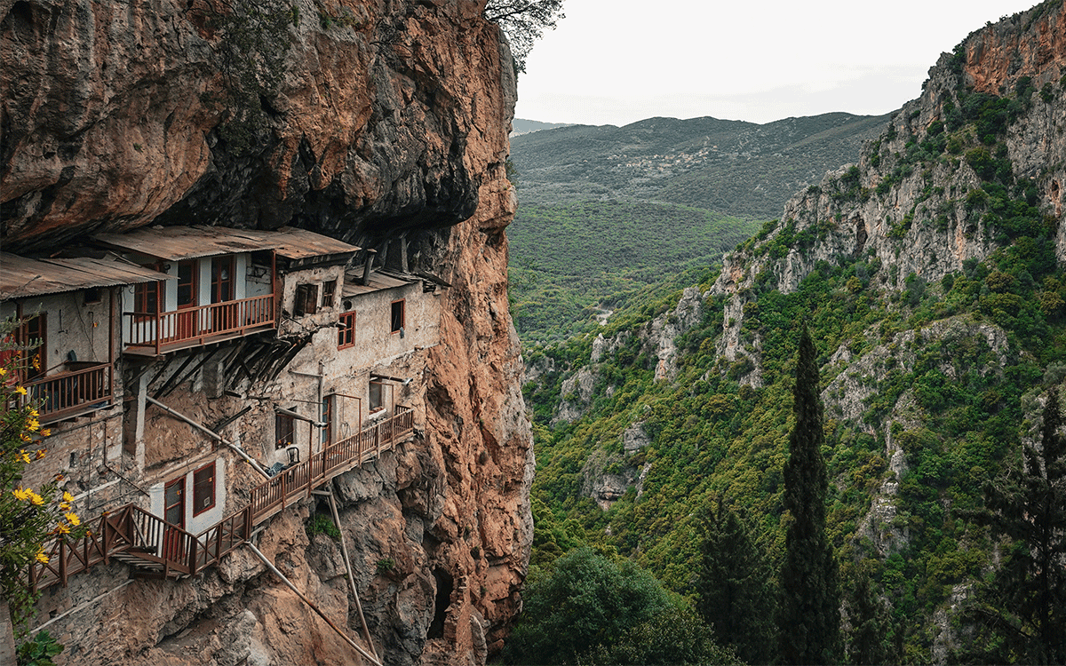 Cliffside view of the Monastery of Prodromos, Stemnitsa, Greece
