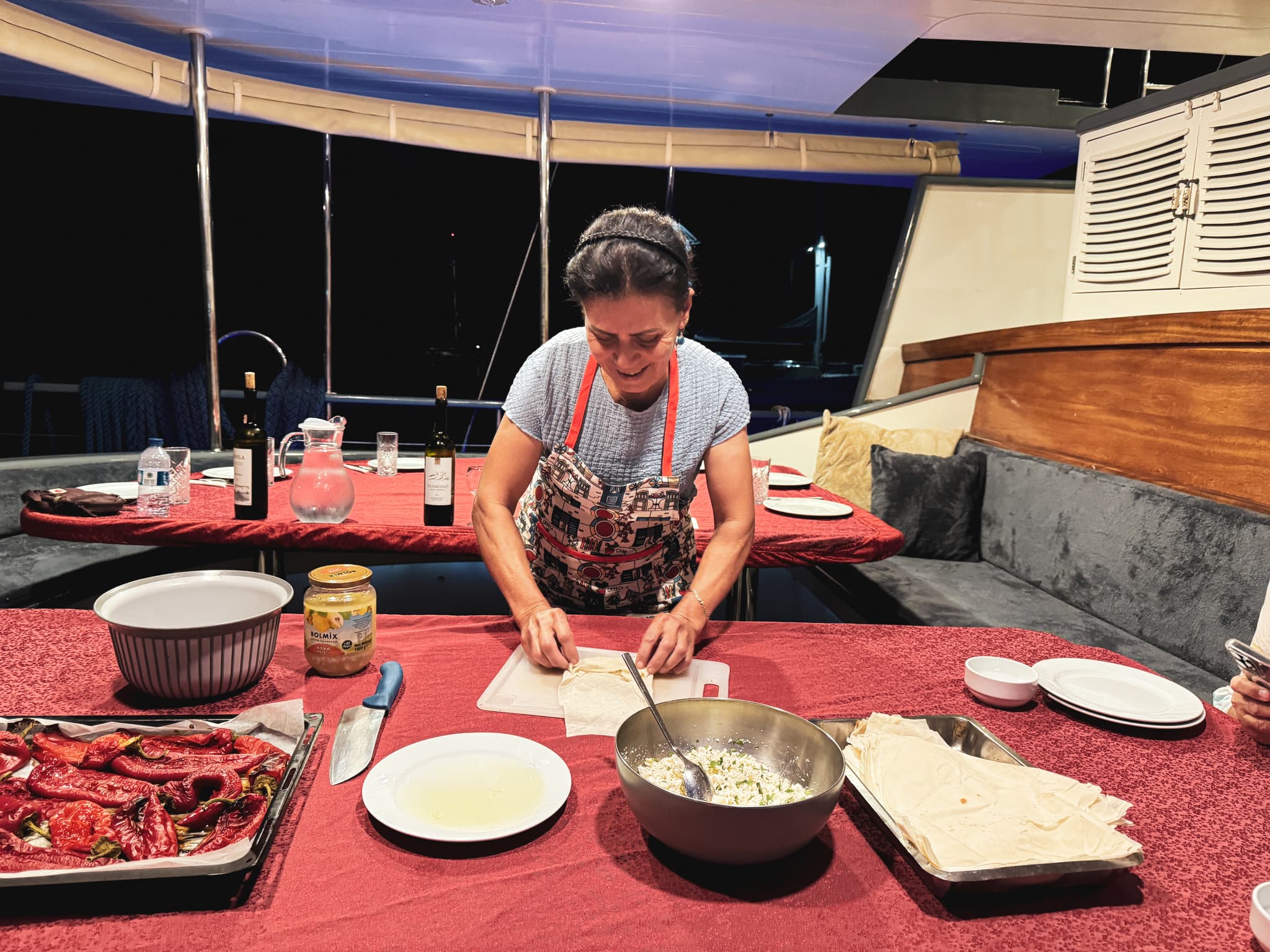 Cooking demonstration onboard the gulet, making traditional Turkish meze