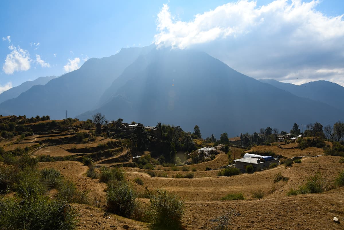 India Himalayas Trek Looking At Village of Ramni