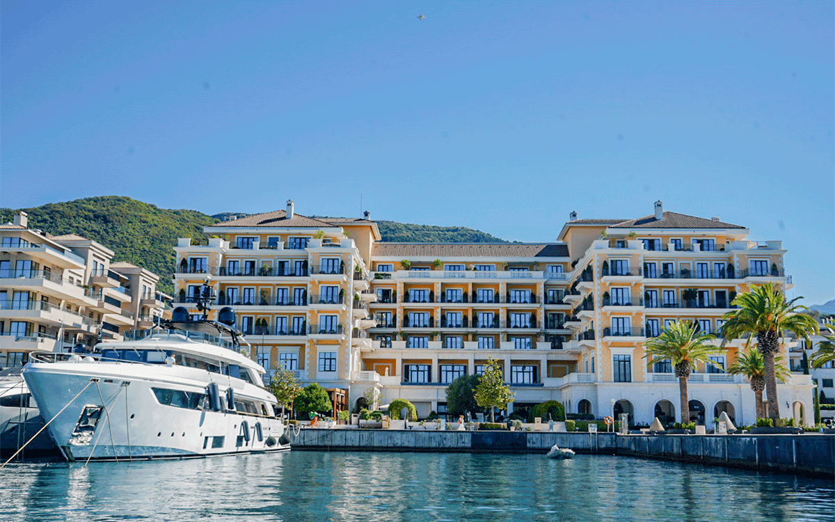 View of the Regent Hotel from the water, Montenegro