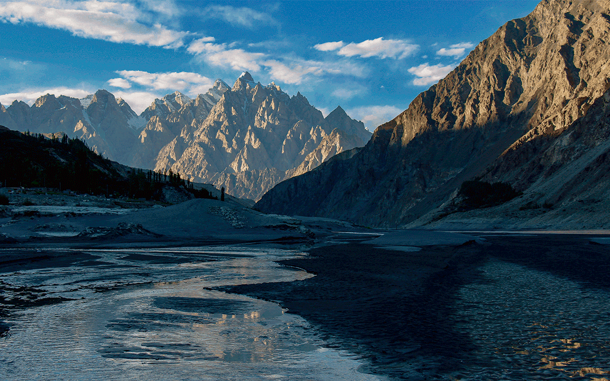 Looking over the Hunza river towards the Passu cones, Pakistan