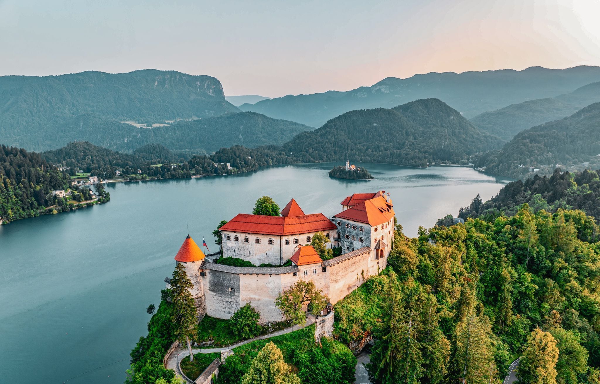 Bled Castle, Lake Bled landscape during sunset hours, Bled, Slovenia
