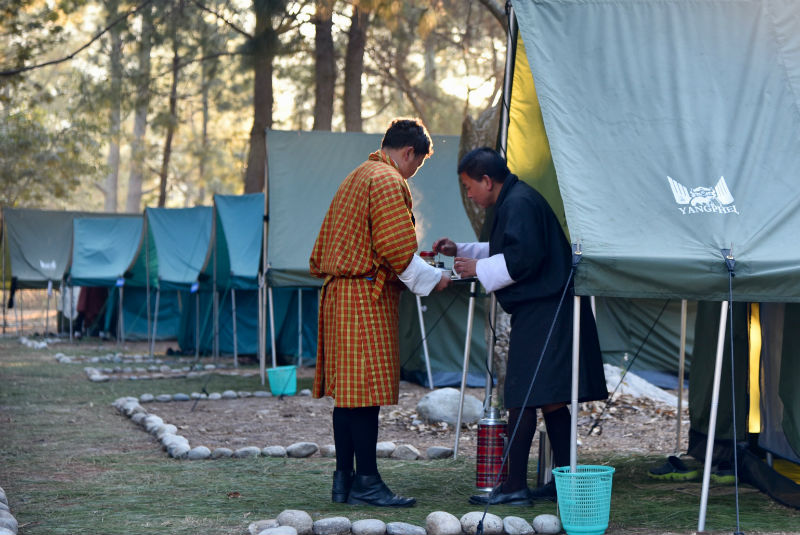 Morning tea at the riverside camp, Bhutan, on GeoEx celebratory tour