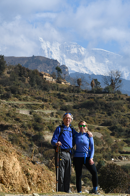 Staff member Alice Howell with her father on the Kuari Pass Trek in India