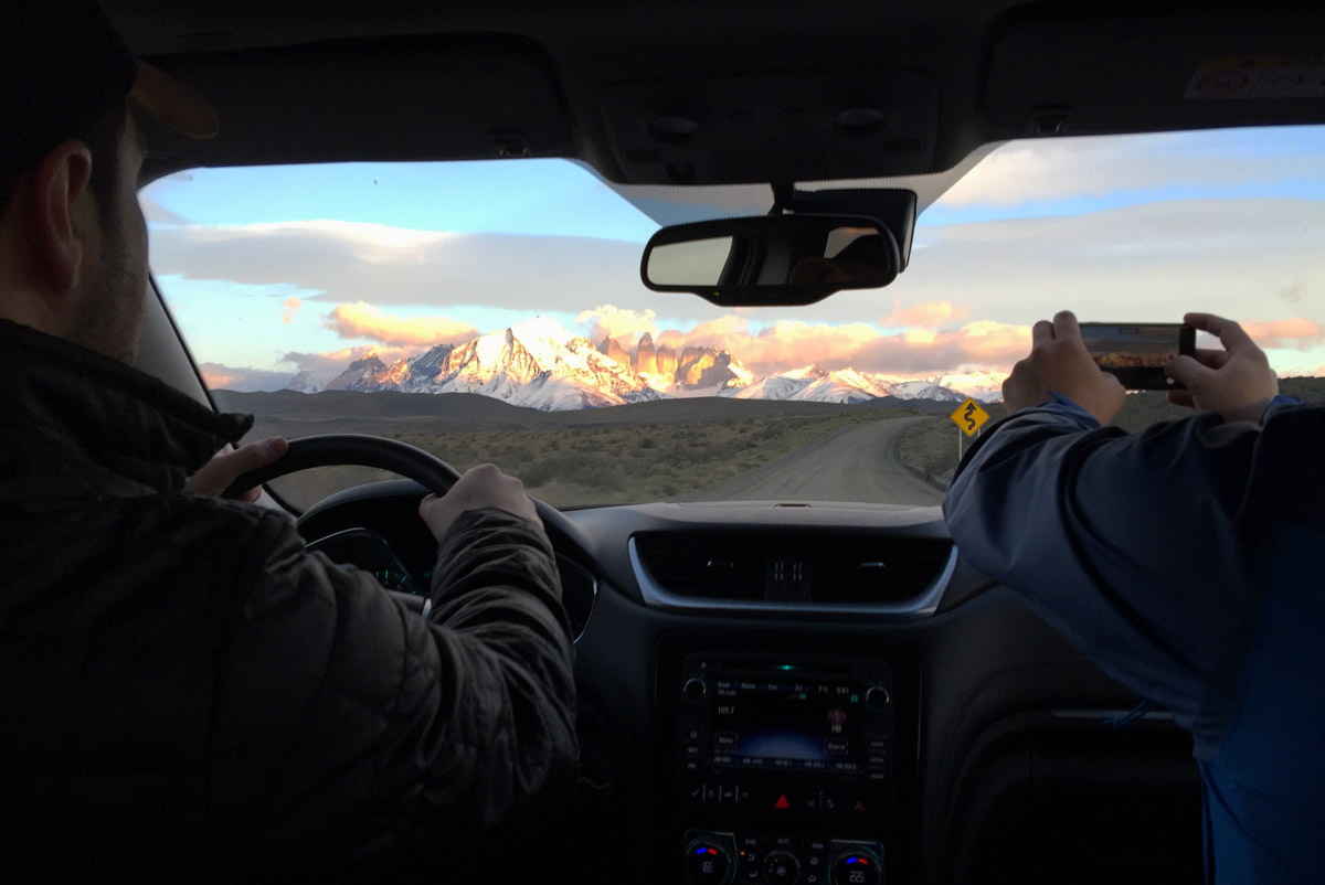 Glorious mountain view of Torres del Paine National Park from the car.