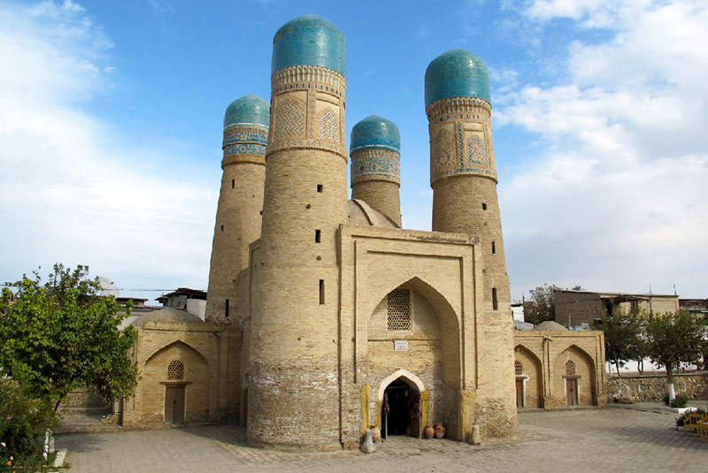Chor Minor, a beautiful madrassa with four minarets, near Bukhara, Uzbekistan, on the Silk Road