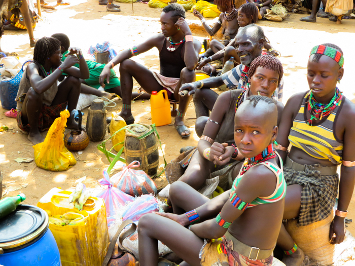 Hamar people at a market in the Omo Valley, Ethiopia with GeoEx.