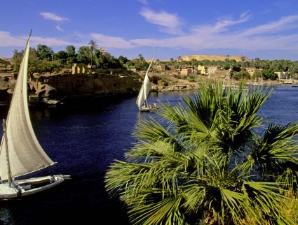 Feluccas sailing on the Nile River near Aswan, Egypt