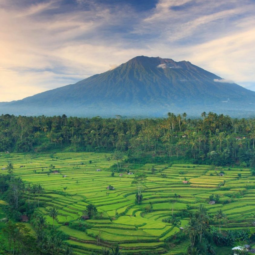 View of rice terraces and Gunung Agung volcano on Bali, Indonesia with GeoEx