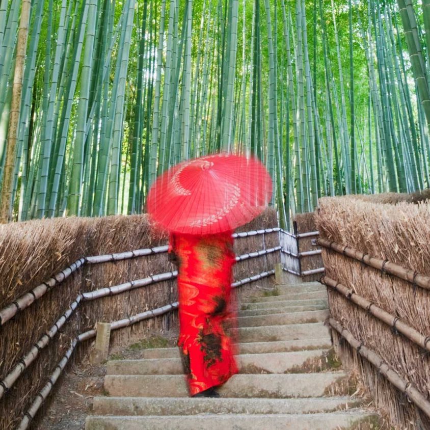Woman walking through Arashiyama Bamboo Forest in Kyoto, Japan with GeoEx