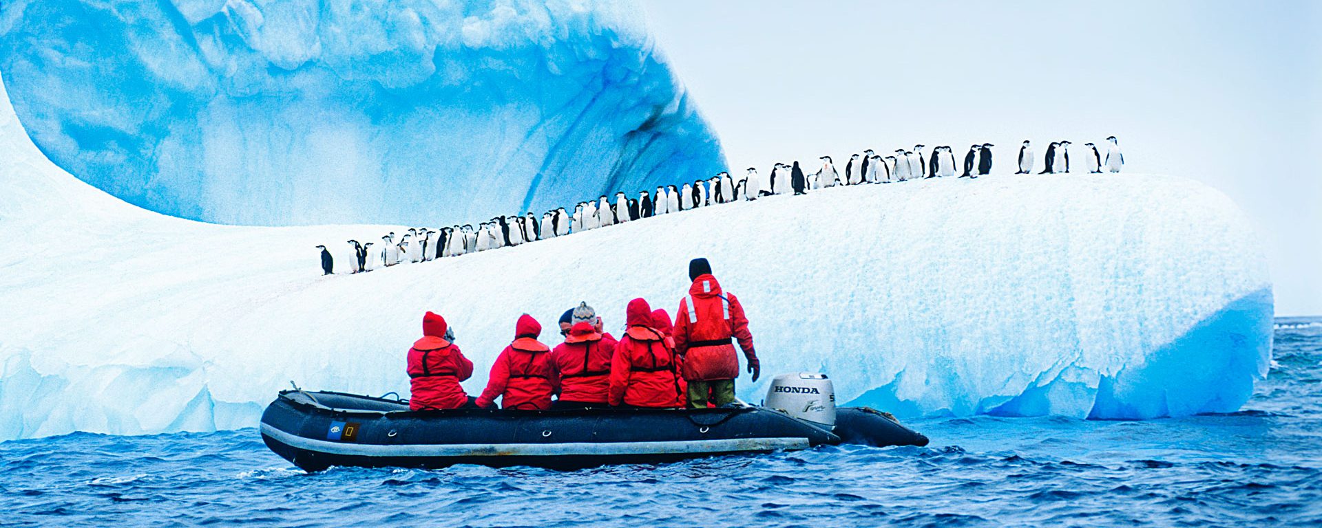 Tourists in a zodiac observe a colony of penguins on an ice ridge in Antarctica