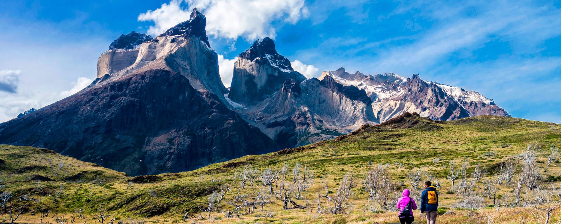 Hikers approaching the Mirador Cuernos viewpoint in Torres del Paine National Park, Patagonia, Chile