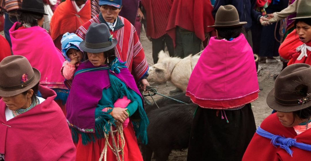 Colorfully dressed Andean women at an animal market in the central highlands of Ecuador