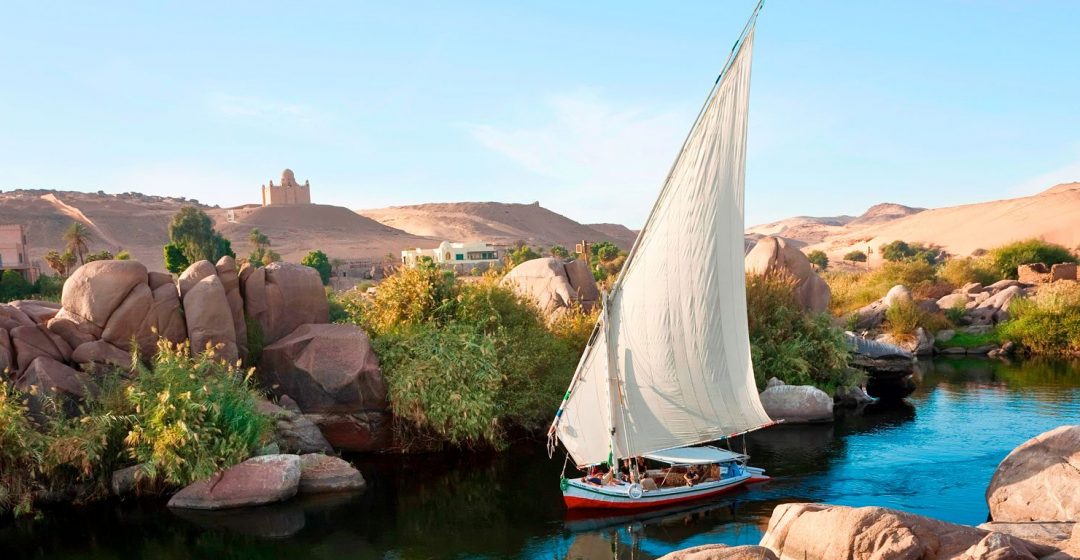 Felucca sailboats on the Nile River in Aswan, Egypt