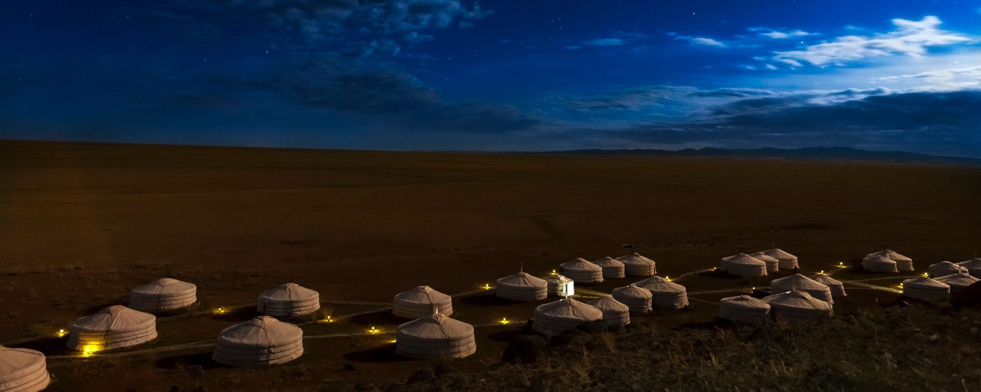 Stars over Three Camel Lodge ger camp in the Gobi Desert, Mongolia