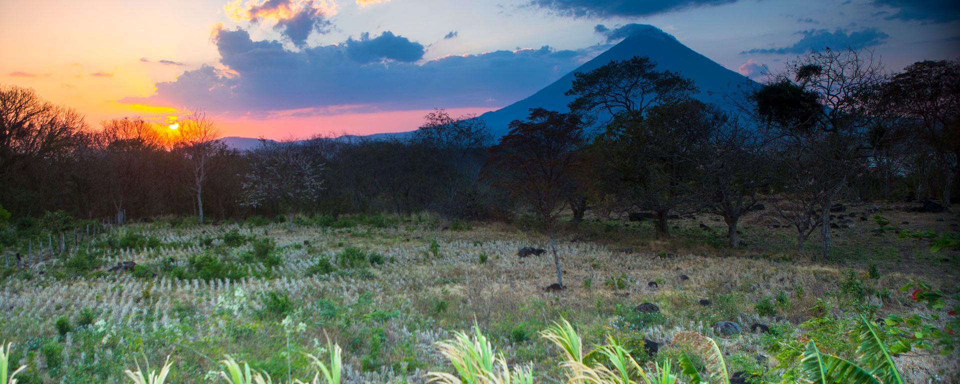 Sunset falls behind the Concepcion volcano on the Isla de Omatepe, Nicaragua