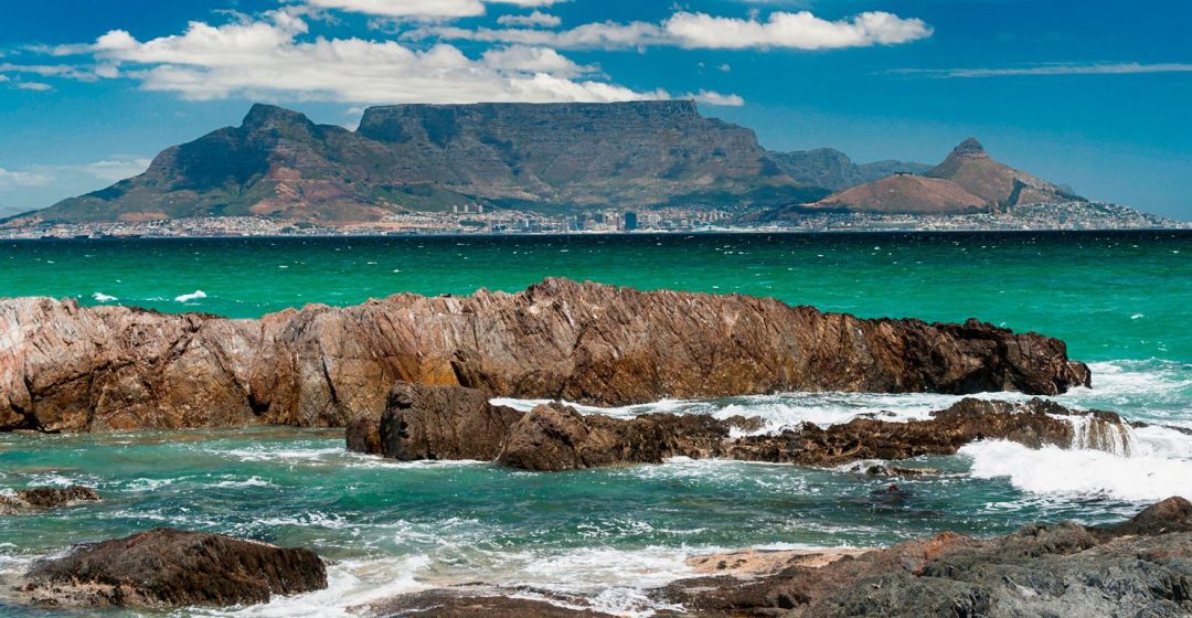 Table Mountain and Cape Town viewed from across Table Bay, South Africa