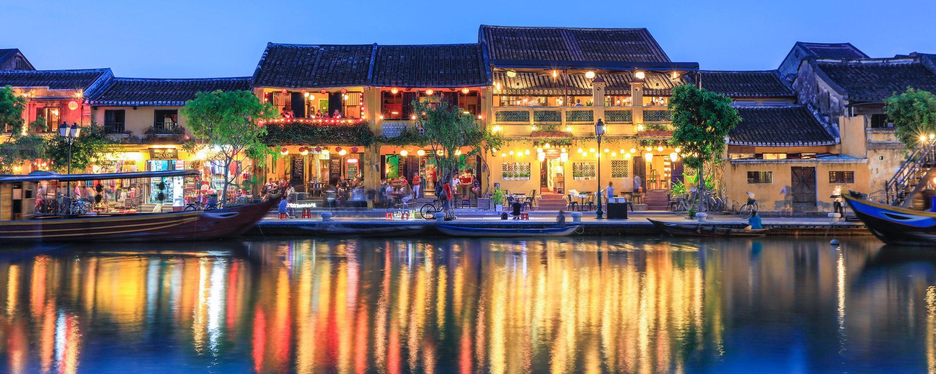 Shops overlooking the river in central Hoi An, Vietnam