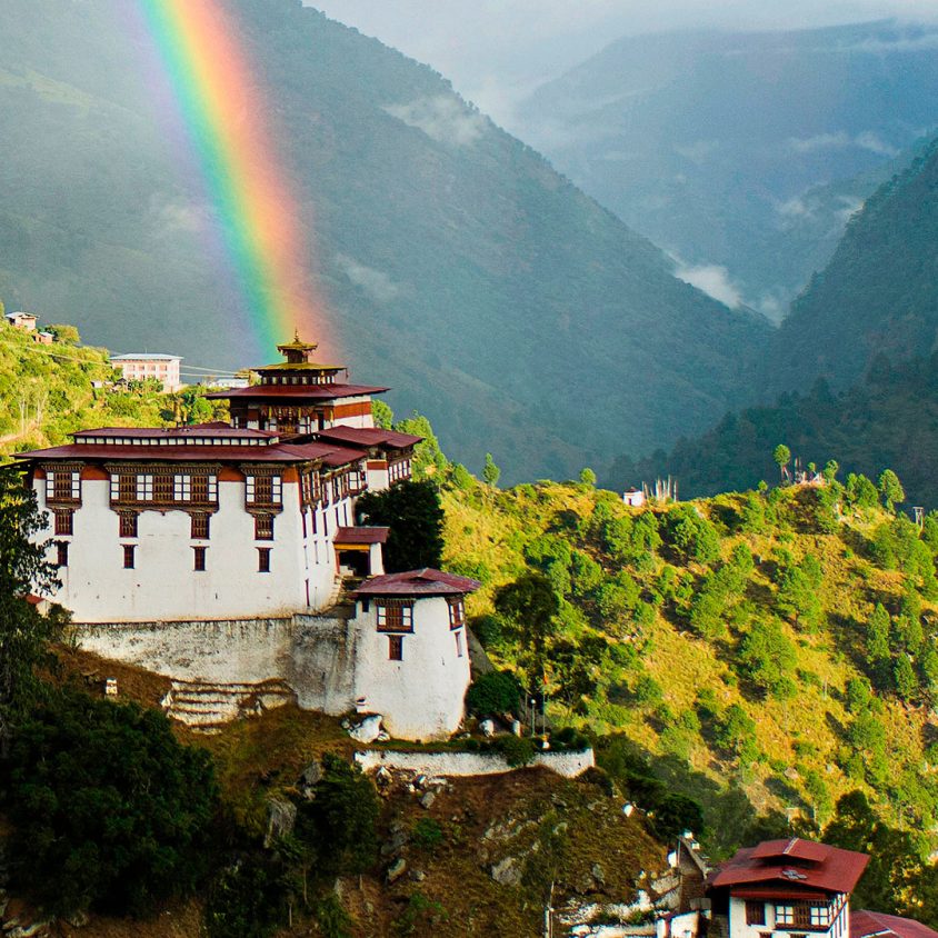 Lhuentse dzong with rainbow in eastern Bhutan
