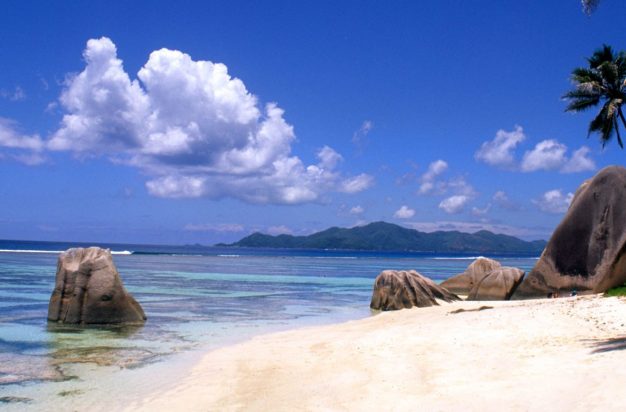 Beautiful perfect scene of the famous rocks and beach at La Digue in the Seychelle Islands of Africa.