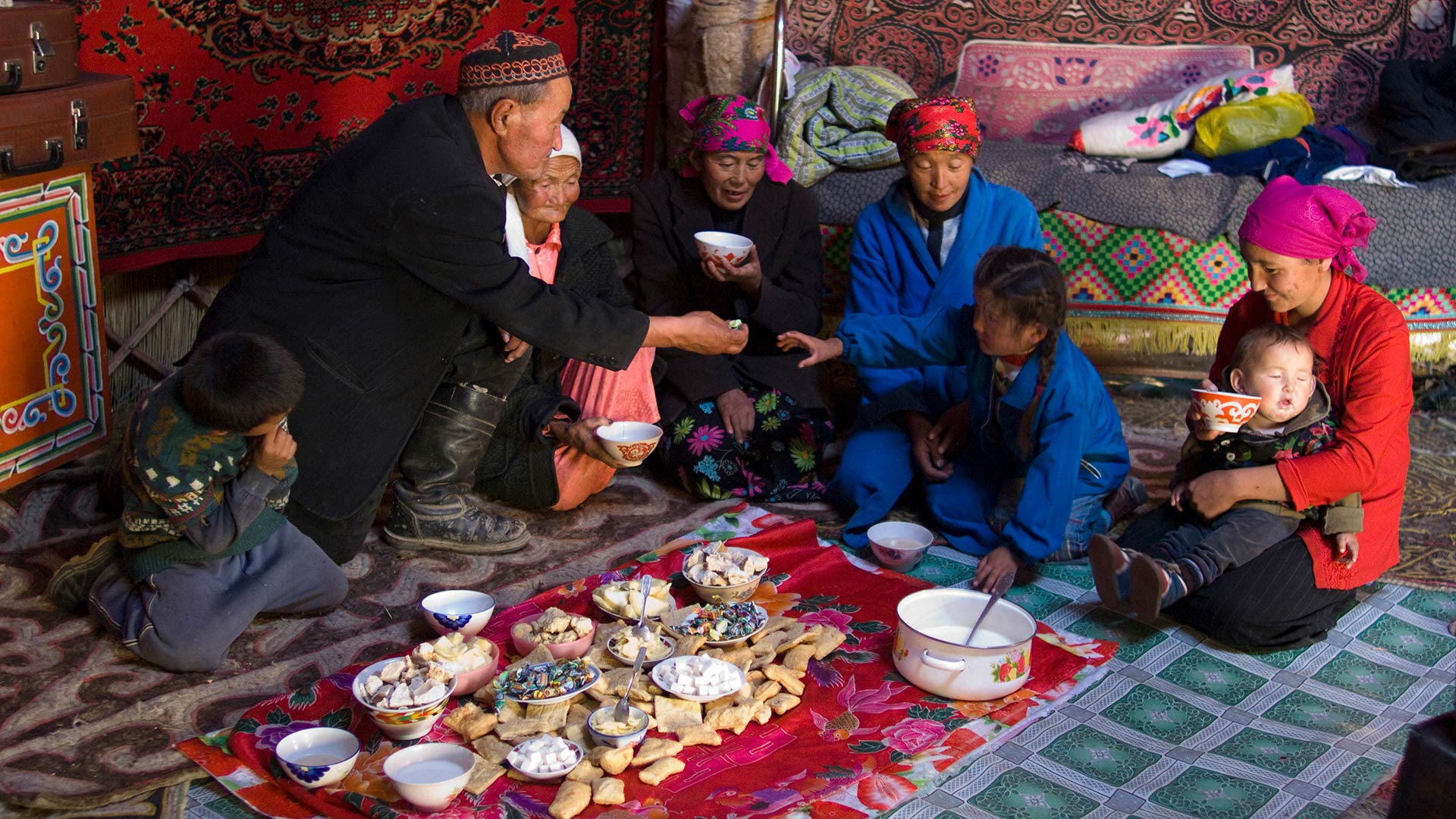 Kazakh family in their yurt, Mongolia