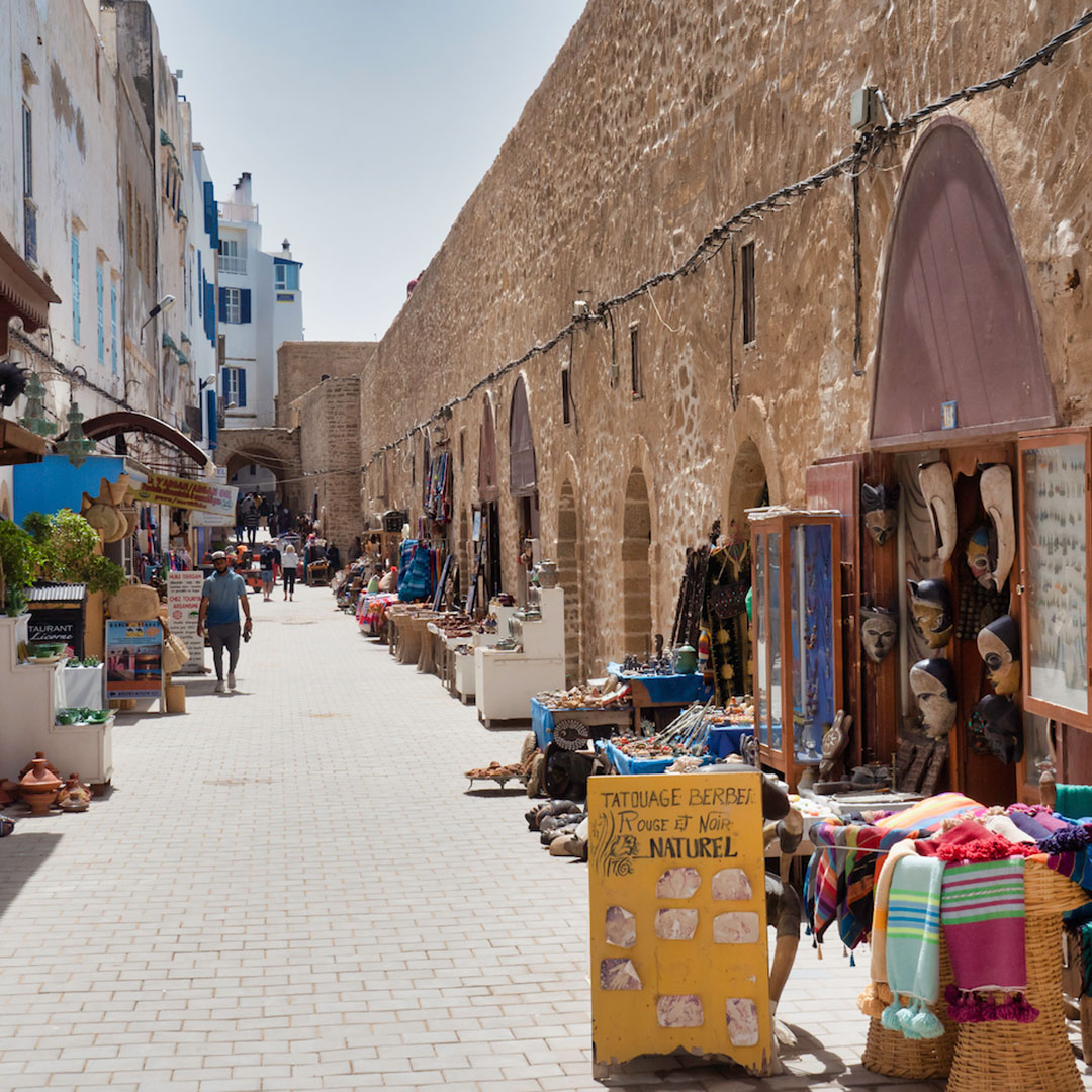 Alleyway with shops in Essaouira, Morocco.