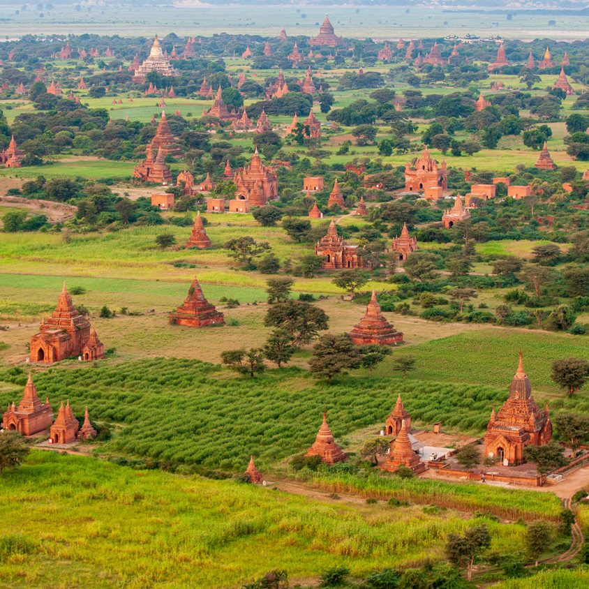 The iconic Plain of Temples seen from a hot-air balloon in Bagan, Myanmar