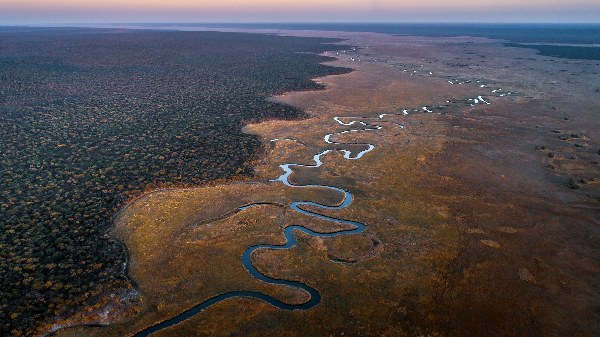 An aerial view of the rivers and forests of the source lakes region, Angola