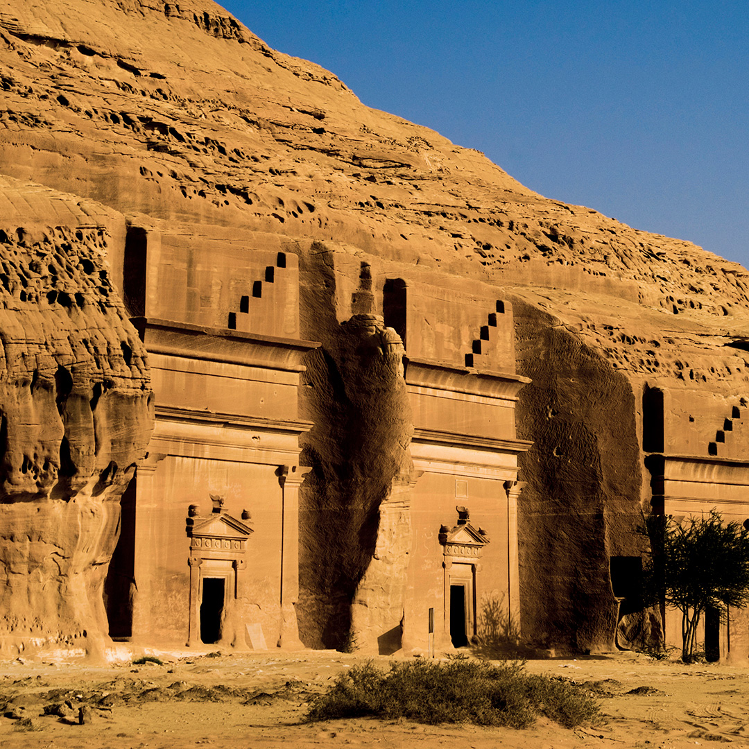 Tombs in the ancient Nabatean town of Hegra, also known as Madain Saleh, Saudi Arabia