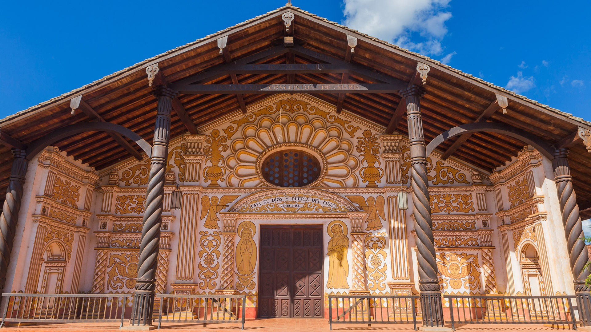 The ornate facade of a Jesuit Mission in Chiquitos, Bolivia