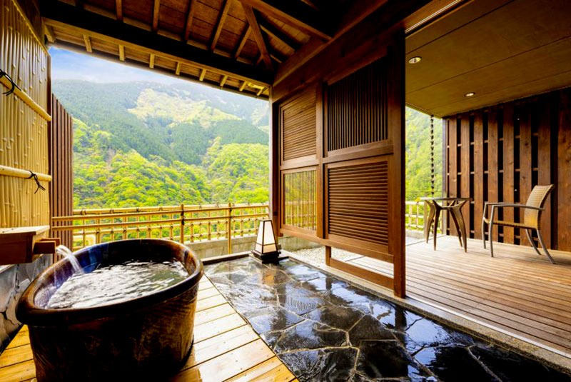 Iya Onsen bathtub with a view of Iya Valley,Shikoku, Japan