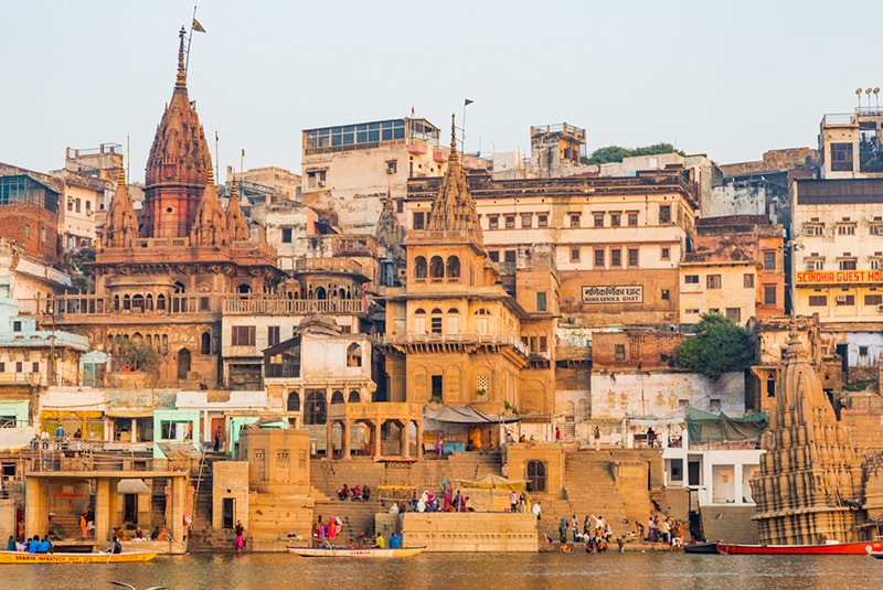 Varanasi ghats seen from a boat on the Ganges River, India