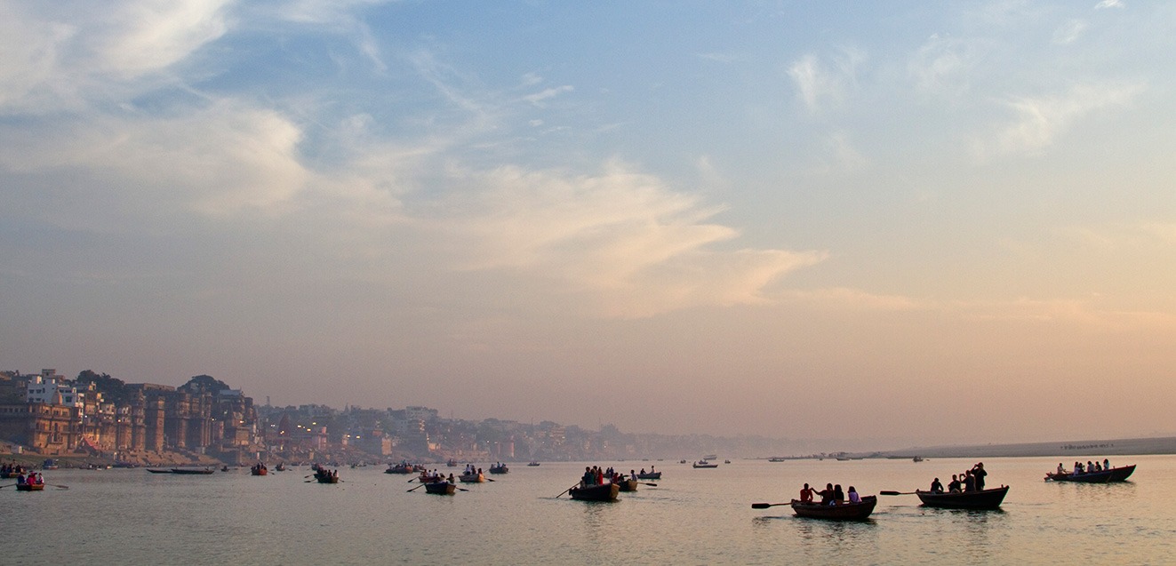 Boats on the Ganges River in the early morning, Varanasi, India