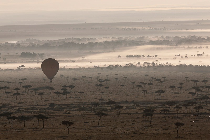 Hot air balloon flying over the plains of the Masai Mara, Kenya