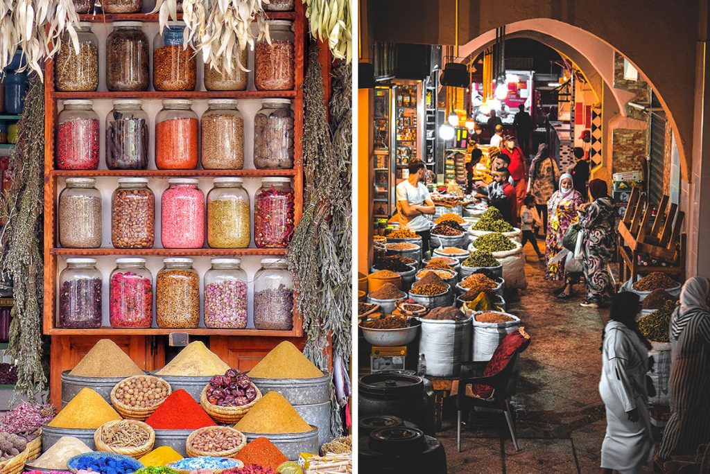 Colorful spices and market stalls in Morocco