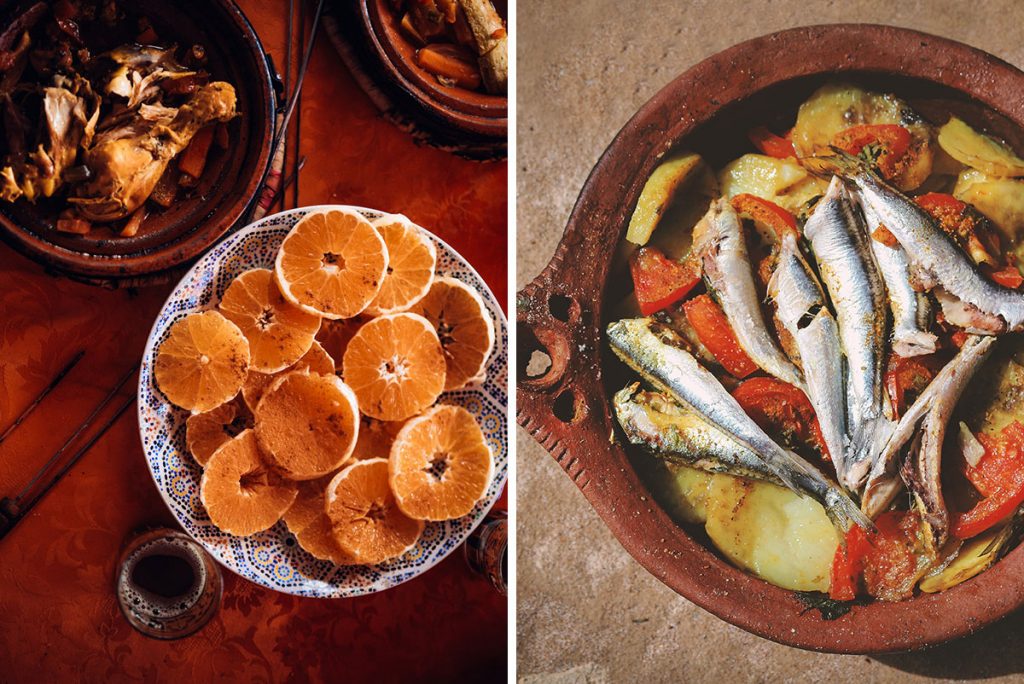 Moroccan plates of oranges and seafood