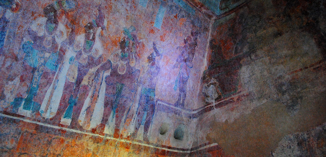 Maya murals in Room 1 of Bonampak in Chiapas, Mexico