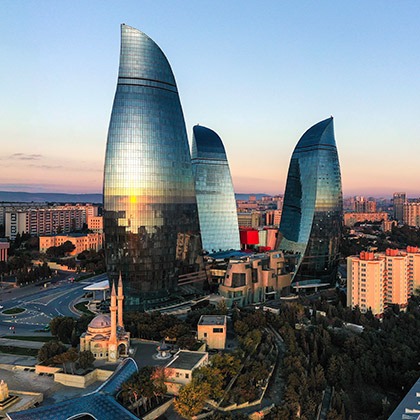 Modern architecture of the Flame Towers in Baku, Azerbaijan