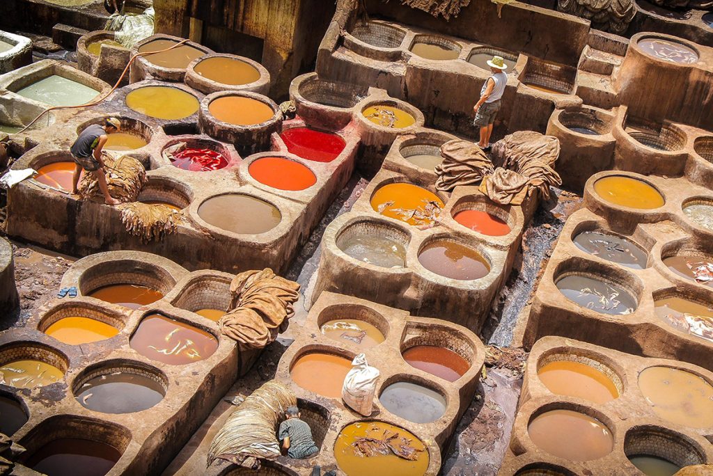 Dyeing vats at a tannery in Fes, Marrakech