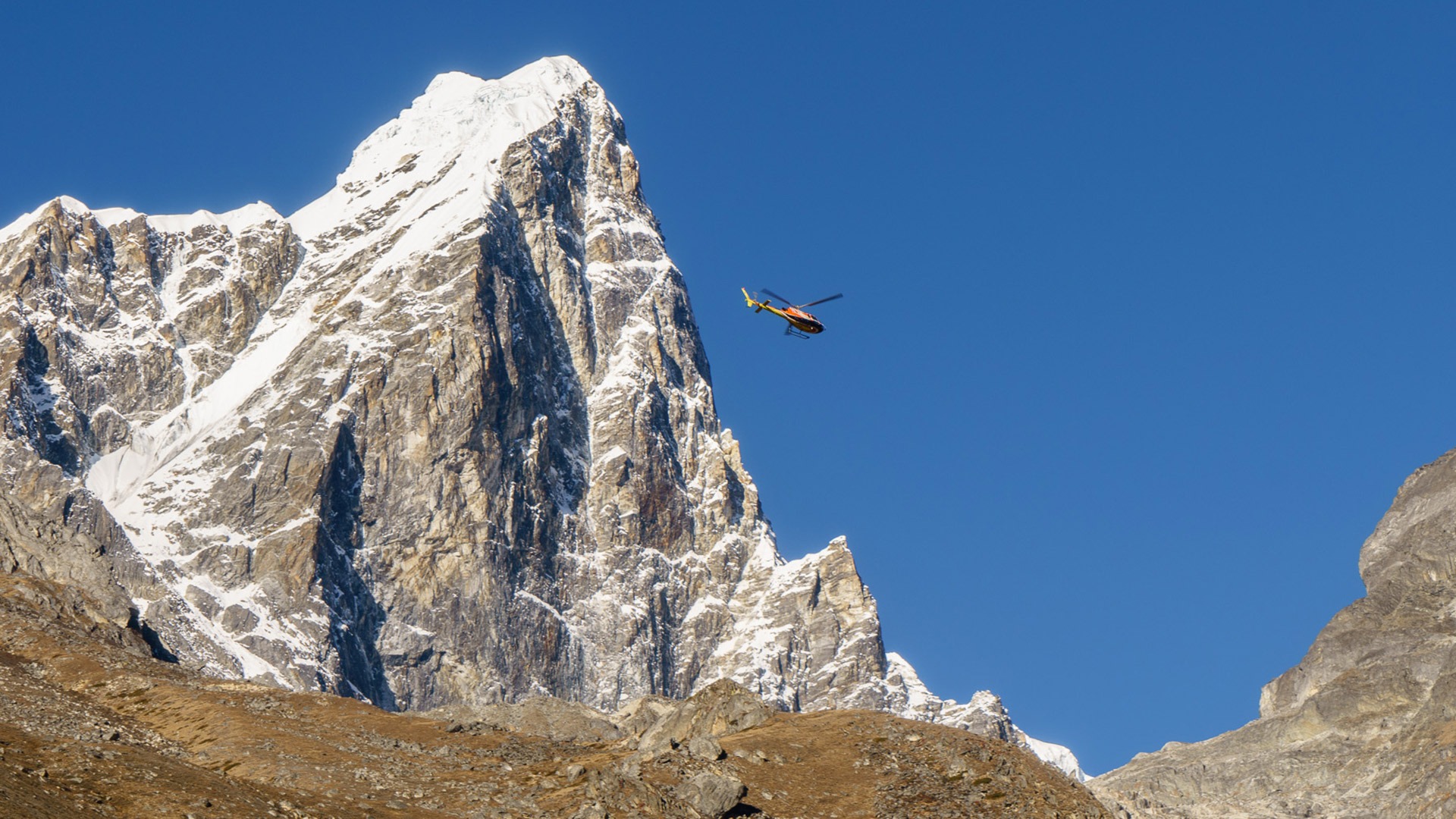 Helicopter fly by to view the summit of Everest, Nepal