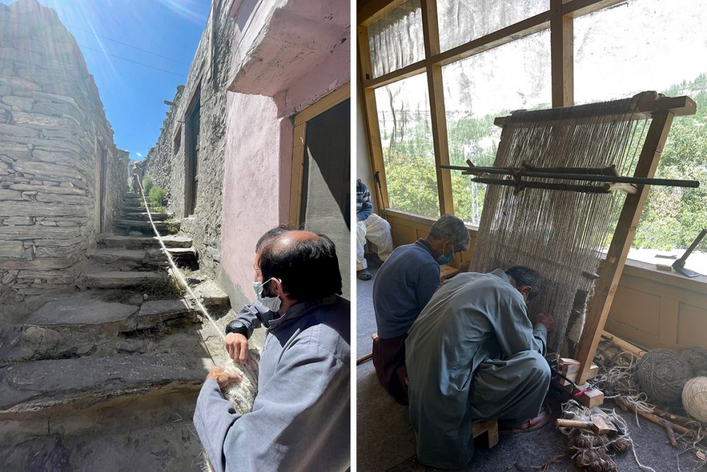 Working with wool and at the loom at a Hyderabad weaving center, Pakistan