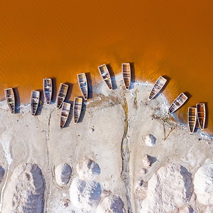 Aerial view of boats at Lac Rose, Senegal