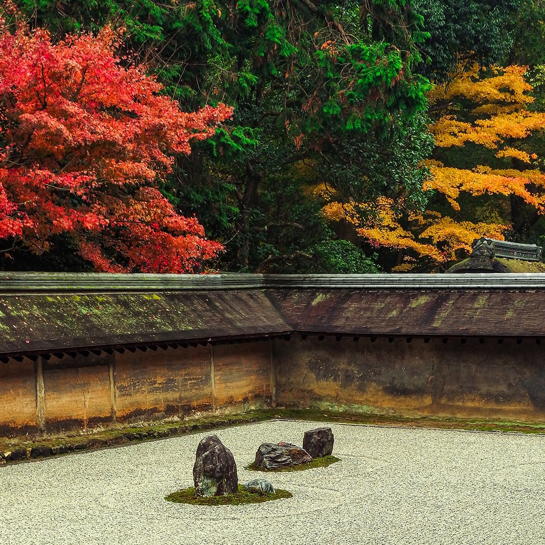 Ryoanji with fall foliage, Kyoto, Japan
