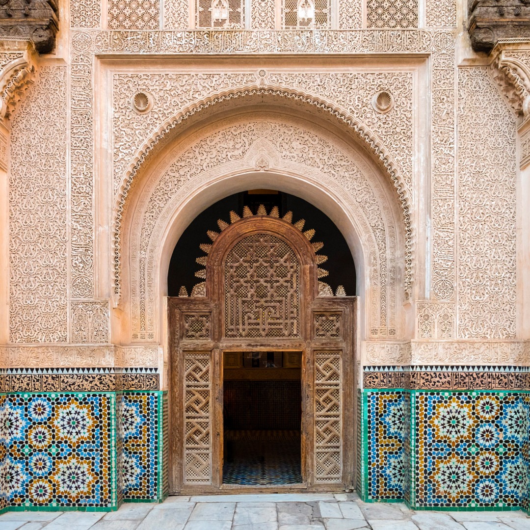Doorway at Ben Youssef madrassa in Marrakech, Morocco